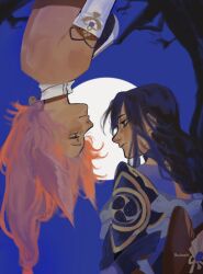  2girls animal_ears armor back_bow bare_back bare_shoulders bow braid branch breasts closed_mouth commentary detached_collar detached_sleeves english_commentary floral_print fox_ears fox_girl from_behind full_moon gem genshin_impact gold_trim hair_between_eyes highres japanese_clothes jewelry kimono large_bow lips long_hair long_sleeves looking_at_another low-tied_long_hair lowleg lowleg_panties magatama magatama_necklace medium_breasts mitsudomoe_(shape) moon multiple_girls necklace night nontraditional_miko outdoors panties pink_hair purple_gem purple_hair purple_kimono purple_sky raiden_shogun red_bow shirt shoulder_armor single_braid sky sleeveless sleeveless_shirt smile tomoe_(symbol) tree turtleneck turtleneck_shirt underwear upside-down violet_eyes white_shirt white_sleeves wide_sleeves yae_miko yuulinshi 