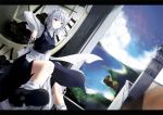  bird blue_eyes bow clock clock_tower dutch_angle gisyo hair_bow izayoi_sakuya knife lavender_eyes lens_flare letterboxed light_smile looking_at_viewer maid maid_headdress short_hair silver_hair sitting touhou tower wallpaper water white_hair 