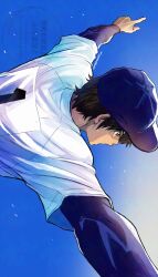  1boy ace_of_diamond baseball_cap baseball_uniform blue_background brown_hair commentary_request from_behind hat highres layered_sleeves long_sleeves male_focus outstretched_arms potato_pois sawamura_eijun shirt short_hair short_over_long_sleeves short_sleeves sideways simple_background solo sportswear spread_arms upper_body watermark white_shirt yellow_eyes 