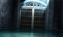  brick_wall gate hariken hashtag-only_commentary highres light_rays no_humans original reflection reflective_liquid river scenery water 