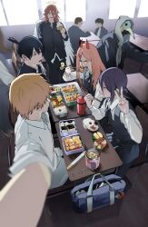  2girls 4boys androgynous angel angel_devil_(chainsaw_man) angel_wings bento black_hair blonde_hair blue_eyes cafeteria chainsaw_man character_charm charm_(object) chopsticks collared_shirt crying denji_(chainsaw_man) eating feathered_wings fourth_east_high_school_uniform from_above halo hashtag-only_commentary hayakawa_aki highres holding holding_chopsticks holding_ice_cream_cone holding_with_chopsticks hood hood_up hoodie horns ice_cream_cone multiple_boys multiple_girls pink_hair plague_doctor_mask pochita_(chainsaw_man) power_(chainsaw_man) purple_hair red_hair red_horns reze_(chainsaw_man) s000pkm school_uniform selfie shirt sleeves_rolled_up table topknot traditional_halo v violence_fiend_(chainsaw_man) white_shirt white_wings wings 
