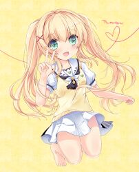  1girl :d asahina_yori ascot barefoot black_ascot blonde_hair blush character_name clothes_lift commentary eyes_visible_through_hair floating_hair full_body green_eyes hair_between_eyes hair_intakes hair_ornament hand_up happy heart heart_of_string kneeling long_hair looking_at_viewer miniskirt open_mouth puffy_short_sleeves puffy_sleeves pun sailor_collar school_uniform serafuku shirt short_sleeves sidelocks simple_background skirt skirt_lift smile solo summer_pockets sweater_vest tareme thighs tsumugi_wenders twintails v very_long_hair white_sailor_collar white_serafuku white_shirt white_skirt wind wind_lift x_hair_ornament yellow_background yellow_sweater_vest 