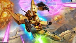 absurdres battle beam_rifle beam_shield copyright_notice desert dutch_angle energy_beam energy_gun explosion firing flying gundam gundam_battle_operation_2 highres mecha mecha_focus mobile_suit mountainous_horizon muzzle_flash no_humans official_art painting_(medium) promotional_art realistic robot scan scene_reference science_fiction shokew sunrise sunrise_(company) tenjin_hidetaka thrusters traditional_media victory_gundam weapon zanscare 