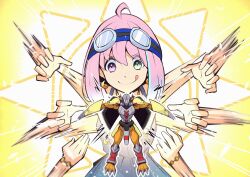  afterimage commentary_request cowboy_shot crescent crescent_earrings digimon digimon_(creature) digimon_adventure dress earrings goggles goggles_on_head green_eyes himemori_luna hololive jewelry mitosupa_(qsiqydfz7nesh9w) model_kit purple_hair smile tongue tongue_out violet_eyes virtual_youtuber wargreymon yellow_background 