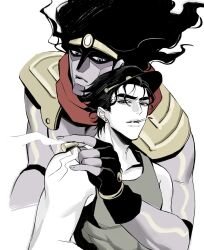  2boys black_gloves black_hair black_hat bullet cigarette collarbone gloves grey_shirt hat highres holding holding_bullet jojo_no_kimyou_na_bouken kujo_jotaro looking_at_viewer male_focus multiple_boys shirt simple_background stand_(jojo) star_platinum stardust_crusaders tank_top upper_body white_background zu_okr 
