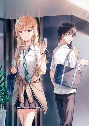  1boy 1girl aqua_eyes aqua_necktie asamura_yuuta ayase_saki bag black_hair black_pants black_skirt blonde_hair bracelet breasts brother_and_sister closed_mouth clothes_around_waist collared_shirt commentary_request cowboy_shot earrings gimai_seikatsu hair_between_eyes hair_ornament highres hiten_(hitenkei) holding jacket jacket_around_waist jewelry light_blush light_rays long_hair looking_at_another looking_back mallet necklace necktie novel_illustration official_art pants pendant plaid_clothes plaid_necktie plant pleated_skirt school_bag school_uniform shirt short_hair siblings skirt small_breasts smile step-siblings thighs triangle_earrings violet_eyes waving white_shirt 