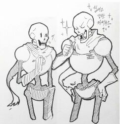  2015 2boys 2d arm_at_side armor bad_id bad_tumblr_id character_name closed_eyes cropped_legs dual_persona duo edit flying_sweatdrops gloves hand_on_own_hip hand_up hatching_(texture) highres humanoid lan999i male male_focus male_only monochrome monster monster_boy multiple_boys open_mouth papyrus_(undertale) pen_(medium) pointing pointing_at_self pointing_with_thumb scarf shorts simple_background skeleton sparkle standing stitched teeth text third-party_edit third-party_source traditional_media undead undertale utdr_(toby_fox) white_background 