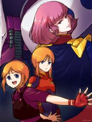 3girls age_difference blue_eyes bob_cut cable cape clone commentary_request elpeo_puru fingerless_gloves gloves gundam gundam_zz haman_karn mecha mecha_pilot_suit military_rank_insignia military_uniform mobile_suit multiple_girls neo_zeon open_mouth orange_hair pink_hair puru_two qubeley robot science_fiction serious size_difference smirk suspenders uzagi violet_eyes 