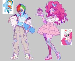  2girls blonde_hair blue_eyes blue_hair blue_skin blue_tank_top brown_pants cargo_pants cherry cloud_print colored_skin commentary cupcake food fork fruit green_hair highres holding holding_fork holding_plate holding_skateboard jacket lubya mismatched_thighhighs multicolored_hair multiple_girls my_little_pony off_shoulder orange_hair pants pink_hair pink_shoes pink_skin pink_skirt pinkie_pie plate purple_hair rainbow_dash red_eyes red_hair reference_inset shirt shoes skateboard skirt sneakers tank_top white_jacket white_shirt white_shoes 