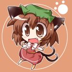  brown_eyes brown_hair cat_ears cat_tail chen chibi earrings fang jewelry lowres multiple_tails shirogane short_hair solo tail touhou 