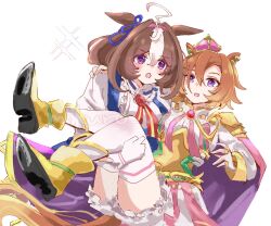  2girls ahoge animal_ears armor blue_dress blush boots breasts brown_hair cape carrying commentary_request crown double-parted_bangs dress ear_ribbon gloves gold_boots gold_corset hair_between_eyes hairband headband horse_ears horse_girl horse_tail jewelry long_sleeves meisho_doto_(turbulent_blue)_(umamusume) meisho_doto_(umamusume) mini_crown mokuroo multicolored_hair multiple_girls multiple_rings open_mouth orange_hair orange_tail pink_cape pink_crown pink_hairband pink_headband princess_carry ring shirt short_hair shoulder_armor skirt t.m._opera_o_(o_sole_suo!)_(umamusume) t.m._opera_o_(umamusume) tail thigh-highs two-tone_hair two-tone_skirt umamusume violet_eyes white_gloves white_hair white_shirt white_thighhighs 