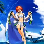  astelion barefoot boots breasts holding holding_shoes ibis_douglas jacket jewelry mecha midriff navel necklace red_eyes red_hair redhead short_hair shorts super_robot_wars 