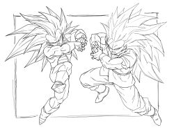  2boys armor bodysuit boots clenched_teeth commentary_request dougi dragon_ball dragon_ball_daima full_body galick_gun gloves grey_background greyscale kamehameha_(dragon_ball) lineart long_hair male_focus monochrome multiple_boys muscular muscular_male n_(n14542698) no_eyebrows pants powering_up saiyan_armor sash shirt simple_background son_goku spiky_hair super_saiyan super_saiyan_3 teeth tunic vegeta widow's_peak wrist_cuffs 