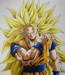  1boy blonde_hair blue_sash blue_shirt closed_mouth cowboy_shot dougi dragon_ball dragon_ball_z green_eyes grey_background highres kasuteraboy25 long_hair male_focus muscular muscular_male no_eyebrows orange_pants orange_shirt pants sash shirt simple_background smirk solo son_goku spiky_hair super_saiyan super_saiyan_3 torn_clothes torn_shirt upper_body 