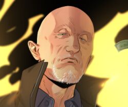  1boy bald bear better_call_saul black_jacket breaking_bad facial_hair fire goatee jacket lowres male_focus mike_ehrmantraut old old_man open_clothes open_jacket solo utm_alt 