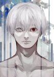  1boy akahara_(akaharaillust) bangs blue_background closed_mouth collarbone commentary_request eyebrows_visible_through_hair grey_background grey_eyes heterochromia highres kaneki_ken looking_at_viewer male_focus portrait red_eyes short_hair solo tokyo_ghoul white_hair 