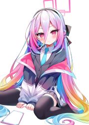  1girl absurdres alternate_hair_color arms_between_legs black_hairband black_thighhighs blue_archive blue_necktie blush bright_pupils cellphone double-parted_bangs dutch_angle fusen_haru hair_between_eyes hairband halo highres jacket jacket_partially_removed kei_(blue_archive) kei_(new_body)_(blue_archive) long_hair long_hair_between_eyes looking_at_viewer multicolored_hair multicolored_jacket necktie open_clothes open_jacket phone pink_eyes pink_halo rainbow_hair rectangular_halo ringed_eyes shirt simple_background sitting solo thigh-highs two-tone_jacket v_arms very_long_hair wariza white_background white_pupils white_shirt 