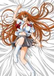  bed bleach breasts cleavage grey_eyes inoue_orihime legs long_hair lying open_shirt orange_hair redhead school_uniform sheet_grab sheets skirt skirt_lift socks very_long_hair 