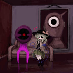  1girl black_hat black_shoes commentary_request contrast_collar crossover flute full_body green_hair green_skirt hair_between_eyes hat hat_ribbon heripantomorrow instrument komeiji_koishi long_sleeves music playing_flute playing_instrument ribbon shirt shoes sitting skirt third_eye touhou wide_sleeves yellow_ribbon yellow_shirt yume_nikki 