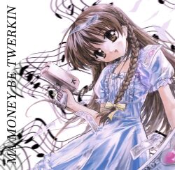  1girl 2000s_(style) 2fulun :d banknote blurry braid brown_eyes brown_hair center_frills depth_of_field dress english_text faux_retro_artstyle frills gun hair_ribbon head_tilt highres holding holding_gun holding_weapon karen_(sister_princess) long_hair looking_at_viewer money musical_note musical_staff puffy_short_sleeves puffy_sleeves ribbon short_sleeves sister_princess smile solo twin_braids weapon white_dress 