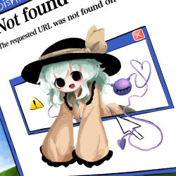  1girl arrow_(symbol) black_eyes black_hat bliss_(image) blouse buttons collared_shirt commentary_request cursor desktop_(computing) diamond_button error_message eyeball frilled_shirt_collar frilled_sleeves frills green_hair green_skirt hat hat_ribbon heart heart_of_string heripantomorrow komeiji_koishi long_sleeves microsoft_windows ribbon shirt skirt sleeves_past_fingers sleeves_past_wrists third_eye touhou window_(computing) windows_xp yellow_ribbon yellow_shirt 