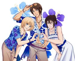  1girl 2boys armin_arlert bare_shoulders bead_bracelet bead_necklace beads black_hair blonde_hair blue_eyes blue_shirt bracelet breasts brown_hair brown_shorts closed_mouth cowboy_shot dress eren_yeager eyewear_on_head floral_background flower flower_necklace green_eyes grey_eyes hair_between_eyes hawaiian_shirt heart heart_hands heart_hands_duo highres iaisotria jewelry lei long_dress long_hair medium_breasts midriff mikasa_ackerman multiple_boys navel necklace official_alternate_costume open_clothes open_shirt orange-tinted_eyewear parted_bangs parted_lips ponytail print_shirt shingeki_no_kyojin shirt short_hair shorts sleeveless sleeveless_dress smile sundress tinted_eyewear white_dress 