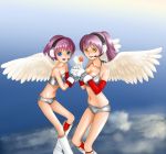  blue_eyes boots breasts cloud clouds flat_chest gloves headset heart japan_air_lines japan_airlines large_breasts purple_hair sky swimsuit wings yellow_eyes 
