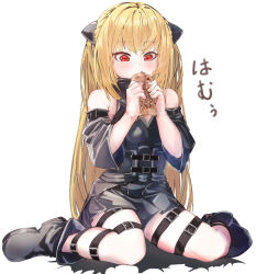  1girl armpit_crease bare_shoulders black_shoes black_sleeves blonde_hair commentary_request detached_sleeves eating facing_viewer fingernails food full_body konjiki_no_yami leg_belt long_hair re:ankh red_eyes shoes simple_background solo taiyaki thigh_strap to_love-ru translation_request wagashi white_background 