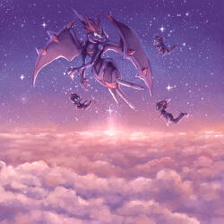  above_clouds absurdres clouds commentary english_commentary evolutionary_line floating flying friedunicornstudio full_body highres naganadel no_humans poipole pokemon pokemon_(creature) pokemon_focus sky star_(sky) stinger wings 