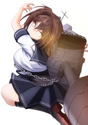  1girl absurdres asymmetrical_bodysuit blush bodysuit boots breasts brown_hair cannon cowboy_shot elbow_gloves furutaka_(kancolle) furutaka_kai_ni_(kancolle) gloves glowing glowing_eye hair_ornament hairclip heterochromia highres kantai_collection kneehighs medium_breasts neckerchief pleated_skirt red_neckerchief rigging sailor_collar school_uniform ship_turret shirt short_hair single_elbow_glove single_kneehigh single_sock single_thighhigh skirt smile smokestack socks solo tastas thigh-highs white_shirt yellow_eyes 