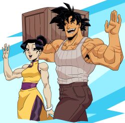  1boy 1girl abstract_background absurdres black_hair broad_shoulders carrying_over_shoulder chi-chi_(dragon_ball) crate denim dragon_ball dragon_ball_super grey_shirt highres husband_and_wife jeans large_pectorals muscular muscular_arms muscular_male pants pectorals saiyan shirt smile son_goku spiky_hair teeth toned toned_female toon_(style) waving wolfsvile wooden_box 