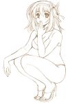  blush breasts cleavage embarrassed feet fuyou_kaede hair_ribbon hairband hand_over_mouth high_heels kusui_aruta lineart monochrome ribbon sandals shoes short_hair shuffle shuffle! solo squatting swimsuit 