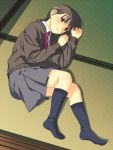  cardigan feet kneehighs lying necktie on_floor on_side original school_uniform short_hair skirt socks solo tatami yuuki_keisuke 