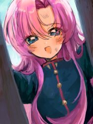  1girl black_jacket blue_eyes commentary_request highres jacket long_hair long_sleeves magawa_noi open_mouth pink_hair shoujo_kakumei_utena smile solo tenjou_utena 
