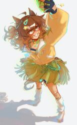  absurdres ahoge animal_ears bandaid bandaid_on_knee bandaid_on_leg black_gloves blush breasts brown_hair calamity_brezze cellphone collar commentary english_commentary fang fingerless_gloves freckles gloves green_collar green_skirt grin hair_between_eyes hair_ornament hairclip highres holding holding_phone horse_ears horse_girl horse_tail jacket jewelry jungle_pocket_(umamusume) long_sleeves loose_socks medium_hair notched_ear open_mouth pendant_collar phone roller_skates selfie shadow shirt skates skirt smartphone smile socks tail teeth umamusume white_socks yellow_eyes yellow_jacket yellow_shirt 