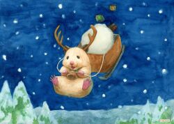  animal animal_focus antlers bell christmas christmas_present fake_antlers gift gotte hamster horns neck_bell night no_humans original outdoors painting_(medium) reindeer_antlers sleigh snow snowing traditional_media tree watercolor_(medium) 