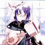  book glasses hat highres jewelry purple_hair ring robe short_hair smile sumi_keiichi 