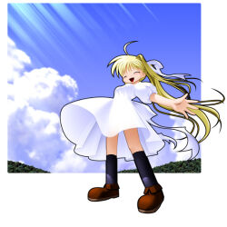  1girl ahoge air_(visual_novel) back_bow bad_id black_mouth black_outline black_socks blonde_hair blue_sky bow breasts brown_shoes closed_eyes clouds commentary day dress full_body hair_bow hair_intakes half_updo kamio_misuzu key_(company) kitsupon kneehighs legs_apart light_rays long_hair medium_breasts medium_dress open_hand open_mouth outdoors outline photo_background ponytail puffy_short_sleeves puffy_sleeves shoes short_sleeves sky socks solo spread_fingers standing straight_hair sunbeam sunlight thick_outlines tongue very_long_hair white_bow white_dress 