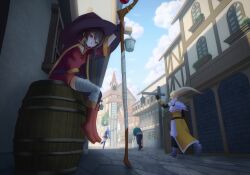  1boy 3girls :o absurdres alley ankle_boots aqua_(konosuba) armor armored_boots asymmetrical_legwear bandaged_leg bandages barrel belt black_cape black_hair black_pants black_thighhighs blonde_hair blue_skirt blush boots breastplate building cape darkness_(konosuba) day dress european_architecture fingerless_gloves full_body gloves green_jacket hair_ornament hand_up hat highres holding holding_staff house jacket kono_subarashii_sekai_ni_shukufuku_wo! lamppost long_hair long_sleeves looking_at_viewer mage_staff megumin mismatched_legwear multiple_girls nodark on_barrel orange_boots outdoors pants pauldrons ponytail red_dress red_eyes road running satou_kazuma short_dress shoulder_armor single_thighhigh sitting skirt sky staff standing thigh-highs town witch_hat x_hair_ornament yellow_dress 