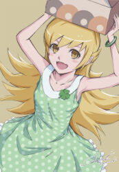  1girl :d absurdres bakemonogatari blonde_hair box commentary_request dress fang flat_chest green_dress highres holding_above_head long_hair monogatari_(series) open_mouth oshino_shinobu polka_dot polka_dot_dress simple_background skin_fang sleeveless sleeveless_dress smile solo tyanoki yellow_background yellow_eyes 