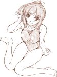  barefoot blush breasts feet from_above kimi_kiss kusui_aruta large_breasts looking_up monochrome one-piece_swimsuit ponytail sakino_asuka school_swimsuit sitting sketch smile solo swimsuit thigh_gap 