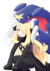  1girl :d black_collar blonde_hair claws coat collar commentary_request cynthia_(pokemon) eyelashes foret_kono_(wnfj8535) fur_collar garchomp grey_eyes hair_ornament hair_over_one_eye long_hair open_mouth pokemon pokemon_(creature) pokemon_dppt smile squatting twitter_username watermark 