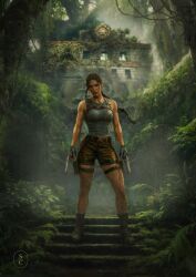  1girl artist_logo artist_request belt black_gloves blue_tank_top boots braid braided_ponytail breasts brown_boots brown_eyes brown_hair brown_shorts day dirty dirty_clothes fingerless_gloves full_body gloves gun highres holster jungle lace-up_boots lara_croft logo long_hair medium_breasts nature outdoors plant realistic ruins shoelaces short_shorts shorts stairs tank_top thigh_holster tomb_raider weapon wide_shot 