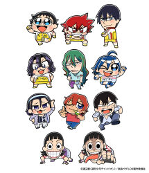  6+boys :3 :d ;d ahoge all_fours anger_vein angry arakita_yasutomo asymmetrical_legwear bear_position belt bike_jersey bike_shorts bkub black_belt black_eyes black_hair black_shirt black_shoes black_vest blue_eyes blue_hair blue_hairband blue_jacket blue_pants blue_shirt blue_shoes blue_shorts blush_stickers chibi chibi_only closed_mouth commentary_request copyright_notice crossed_arms cycling_uniform eating fingerless_gloves food full_body glasses gloves green_hair grid_teeth hair_between_eyes hairband highres holding holding_food imaizumi_shunsuke jacket long_hair looking_at_viewer makishima_yuusuke male_focus manami_sangaku midousuji_akira mismatched_legwear mole mole_under_eye mole_under_mouth multicolored_hair multiple_boys multiple_moles naruko_shoukichi official_art one_eye_closed onoda_sakamichi open_clothes open_jacket open_mouth pants purple_jacket purple_pants purple_shoes reaching reaching_towards_viewer red_eyes red_hair red_shirt red_streaks second-party_source shaded_face shinkai_hayato shirt shoes short_hair short_sleeves shorts simple_background smile socks spiky_hair streaked_hair striped_clothes striped_pants teshima_junta tongue tongue_out toudou_jinpachi two-tone_hair v-shaped_eyebrows vest violet_eyes wavy_hair white_background white_pants white_socks yellow_jacket yellow_shoes yellow_shorts yowamushi_pedal 