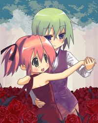  bare_shoulders blue_eyes dancing green_eyes green_hair iwasaki_minami kobayakawa_yutaka kuoting lucky_star multiple_girls pink_hair rose short_twintails twintails 