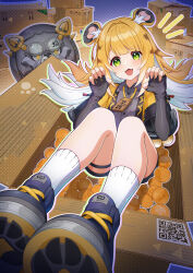  1girl agiri_(agiri_box) animal_ear_fluff animal_ears asymmetrical_legwear black_shorts blonde_hair blush box cardboard cardboard_box claw_pose collar colored_inner_hair commentary diagonal-striped_background elbow_gloves engine english_commentary eyebrows_hidden_by_hair fang fingerless_gloves fingernails food fruit gloves green_eyes highres in_box in_container jacket jewelry ju_fufu knees_up multicolored_hair necklace open_mouth orange_(fruit) polka_dot qr_code shoelaces shoes shorts sitting socks solo spikes striped_background striped_hair thigh_strap tiger_ears tiger_girl white_hair white_socks yellow_jacket zenless_zone_zero 