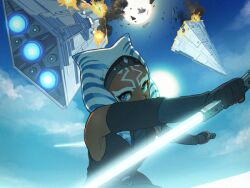  1girl ahsoka_tano animification belt black_belt black_bodysuit black_gloves blue_eyes bodysuit clouds dual_wielding elbow_gloves energy_sword explosion fingerless_gloves fire gloves holding holding_sword holding_weapon lightsaber looking_at_viewer mosuke_2 reverse_grip sky sleeveless sleeveless_bodysuit smoke solo star_destroyer star_wars star_wars:_ahsoka sword togruta weapon white_lightsaber 