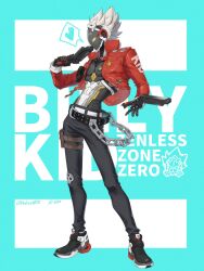  1boy aalto1031 billy_kid black_pants black_shoes blue_background chain character_name clothed_robot copyright_name dual_wielding full_body gun hashtag-only_commentary heart highres holding holding_gun holding_weapon humanoid_robot jacket male_focus open_clothes pants red_jacket robot robot_boy sheriff_badge shoes solo spiky_hair spoken_heart twitter_username weapon white_hair yellow_eyes zenless_zone_zero 