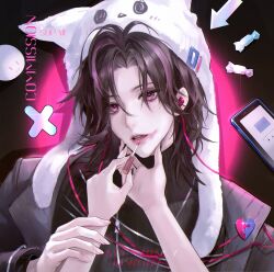  2girls applying_lipstick applying_makeup arrow_(symbol) candy food hashtag-only_commentary highres holding_another's_wrist lipstick makeup multiple_girls path_to_nowhere phone portrait shawn_(path_to_nowhere) smeared_lipstick supaii16 wrapped_candy x_(symbol) yuri 