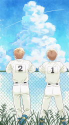  2boys ace_of_diamond baseball_uniform chain-link_fence clouds dangomochi2 day fence from_behind highres male_focus miyuki_kazuya multiple_boys outdoors pants sawamura_eijun shirt socks sportswear standing white_pants white_shirt 